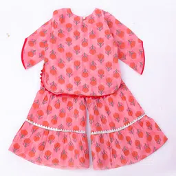 KID1 Pure Cotton Woven Three Fourth Sleeves Floral Printed Gota Lace Embellished Kurti Sharara With Dupatta Set - Peach image 4