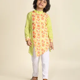 LIL PITAARA Pure Cotton Woven Full Sleeves Floral & Leheriya Printed Kurta Pyjama Set - Light Green image 5