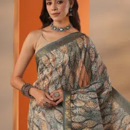 Libas Blue Printed Saree With Unstitched Blouse image 5