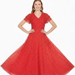 Warsian Polka Dot Print Flared Sleeve Georgette Fit & Flare Maxi Dress-picture-30