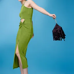 PURVAJA Light Green Knitted Slim Fit Midi Dress image 4