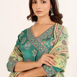 Ganga Grace Green Printed 3/4th Sleeve Angrakha Kurta with Dupatta image 4