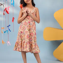 Rain & Rainbow Girls Floral Printed Halter Neck Tiered Fit and Flare Midi Dress-image-20