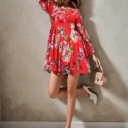 Rare Red Floral Print A-Line Dress image 5