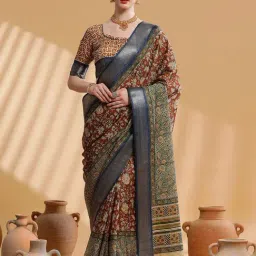 Saree Mall Brown & Blue Printed Saree With Unstitched Blouse-picture-13