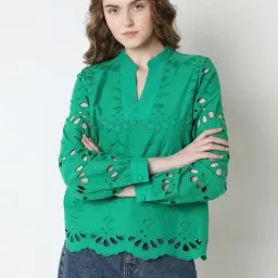 Vero Moda Green Cotton Self Design Top-image-9