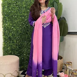 GoSriKi Floral Embroidered Sequinned Straight Kurta With Trousers & Dupatta image 5