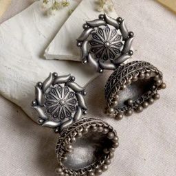 Teejh Ethnic Prisha Silver Oxidized Floral Jhumki Earrings-picture-23