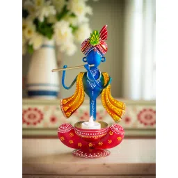 Golden Peacock Blue Red Handcrafted Krishna Showpiece image 1