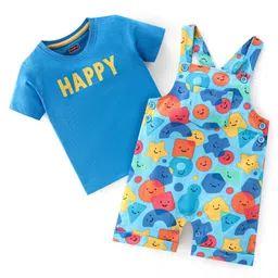 Babyhug 100% Cotton Single Jersey Knit Smiley Printed Dungaree and Half Sleeves T-Shirt Set - Multicolour-image-96