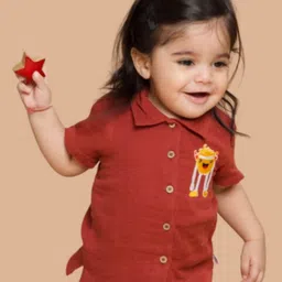 kids of greendeer Greendeer Half Sleeves Placement Monster Patch Detailed Crinkle Soft Double Cotton Shirt - Cherry Red-picture-12