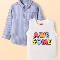 Babyhug Cotton Woven Full Sleeves Striped Shirt With Text Printed T-Shirt - Blue-picture-20