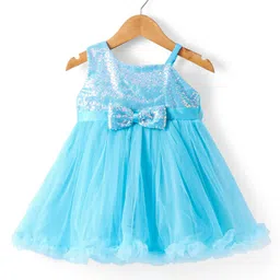 Babyhug Woven Sleeveless Party Dress With Sequinned Yoke & Bow Applique - Light Blue-picture-19