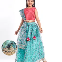 Pine Kids Woven Sleeveless Floral Printed Lehenga Choli & Dupatta Set with Sequin & Lace Detailing - Light Blue & Red-picture-36