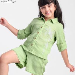 arias by lara dutta Arias 100% Cotton Woven Full Sleeves Shirt & Shorts Set With Floral Embroidery - Light Green-picture-48