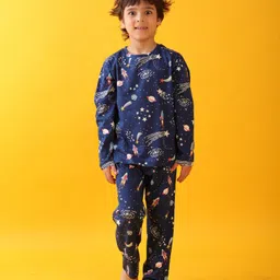 Anthrilo 100% Organic Cotton Knit Full Sleeves Space Theme Printed Coordinating Tee Pajama Set - Blue image 1