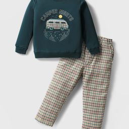 CUCUMBER Cotton Knit Full Sleeves T-Shirt & Checks Trouser Set With Bus Embroidery - Teal Blue-picture-18