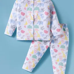 ToffyHouse Single Jersey Knit Full Sleeves Front Open Night Suit with Jungle Theme Print - White-picture-24