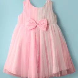 Babyhug Woven Sleeveless Mesh Party Dress with Bow Applique - Pink-picture-14