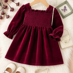 Mark & Mia Woven Full Peasant Sleeves Solid Frock with Smocked Detailing - Maroon-picture-22