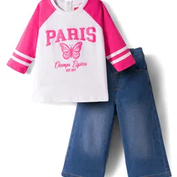 Babyhug Looper Knit Full Sleeves Top and Denim Jeans Set with Paris Text Print - Pink White & Blue-picture-28