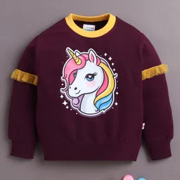 BUMZEE Cotton Knit Full Sleeves Sweatshirt With Frill Detailing & Unicorn Print - Wine-image-70
