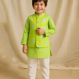 Tales & Stories Cotton Woven Full Sleeves Striped Kurta Pyjama With Horse Printed Jacket Set - Neon Green-picture-25
