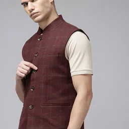 ColorPlus Checked Mandarin Collar Nehru Jacket-picture-33