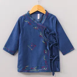 Babyhug Cotton Full Sleeves Kurta and Dhoti Set with Embroidery Solid Colour - Denim Blue image 2