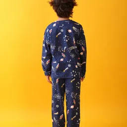Anthrilo 100% Organic Cotton Knit Full Sleeves Space Theme Printed Coordinating Tee Pajama Set - Blue image 3