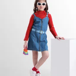 Ollington St. Cotton Lycra Rib Full Sleeves Top & Denim Pinafore - Maroon & Blue image 2