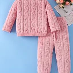 Mark & Mia Full Sleeves Front Open Co-Ord Winter Wear Night Suit with Cable Knit & Apple Design - Pink image 2