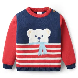 Babyhug Organic Cotton Knit Full Sleeves Sweater Sets with Cap & Panda Design - Red & Navy Blue image 2