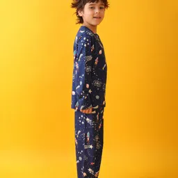 Anthrilo 100% Organic Cotton Knit Full Sleeves Space Theme Printed Coordinating Tee Pajama Set - Blue image 4