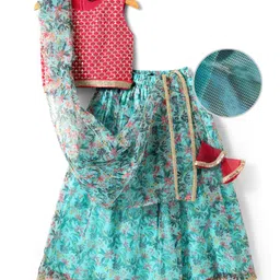 Pine Kids Woven Sleeveless Floral Printed Lehenga Choli & Dupatta Set with Sequin & Lace Detailing - Light Blue & Red image 4