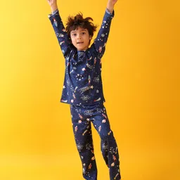Anthrilo 100% Organic Cotton Knit Full Sleeves Space Theme Printed Coordinating Tee Pajama Set - Blue image 5