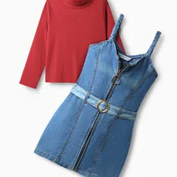 Ollington St. Cotton Lycra Rib Full Sleeves Top & Denim Pinafore - Maroon & Blue image 4