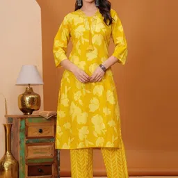 KALINI Women Yellow Floral Printed Regular Pure Cotton Kurta with Trousers & With Dupatta image 5