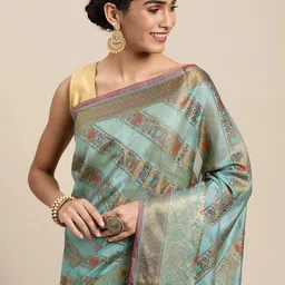 Mitera Blue Ethnic Motifs Zari Organza Kanjeevaram Saree image 2