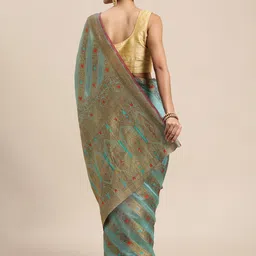 Mitera Blue Ethnic Motifs Zari Organza Kanjeevaram Saree image 3
