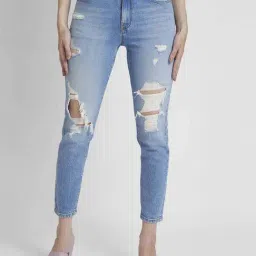 Spykar Blue Cotton Mom Fit Distressed Jeans-image-54