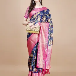 JUST FASHION Navy & Pink Silk Printed Saree With Unstitched Blouse image 4
