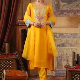 SCAKHI QALA Mustard Dupion Silk Dori Work Suit Set image 4
