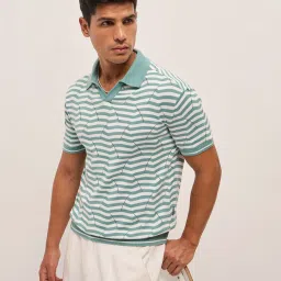 The Bear House Green Cotton Relaxed Fit Self Design Polo T-Shirt image 4