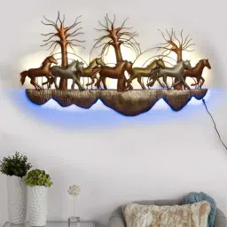 eCraftIndia 7 Running Horses Scenic View Handcrafted Iron Wall Hanging with background LED's-image-5
