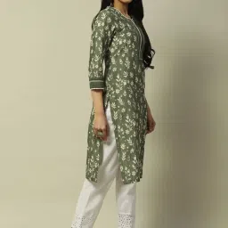 Rangriti Green Cotton Printed Straight Kurta image 4