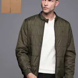 Allen Solly Men Olive Green & Beige Solid Reversible Bomber Jacket-picture-28