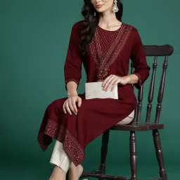 Indo Era Maroon Printed Straight Kurta image 4