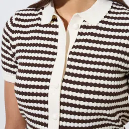 Wardrobe by Westside Dark Brown Striped Knit-Textured Cotton Top image 4