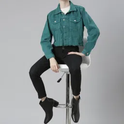 showoffff SHOWOFF Teal Regular Fit Crop Denim Jacket image 4